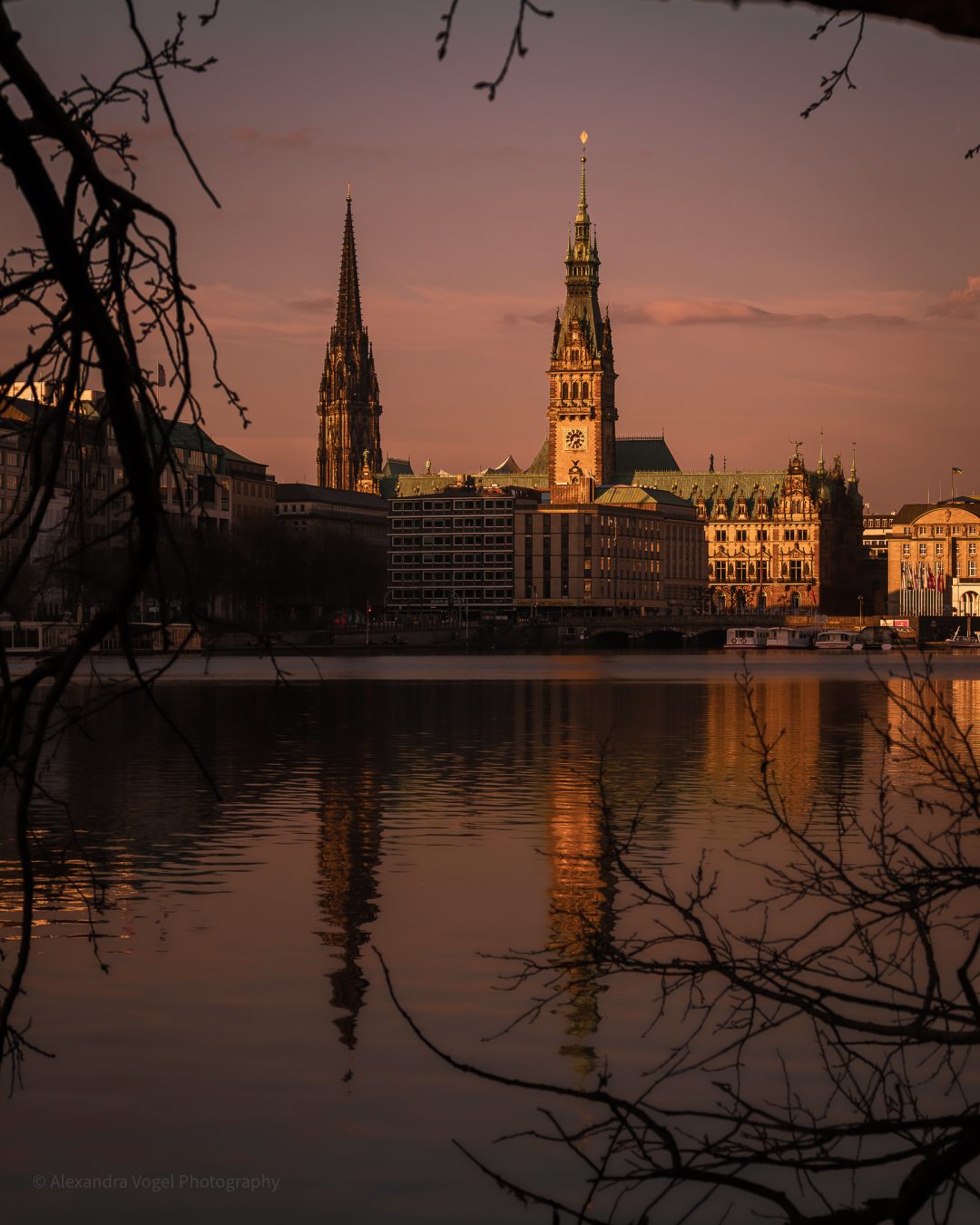 Die Binnenalster in rotes Licht der Sonne getaucht mit Blick auf das Hamburger Rathaus